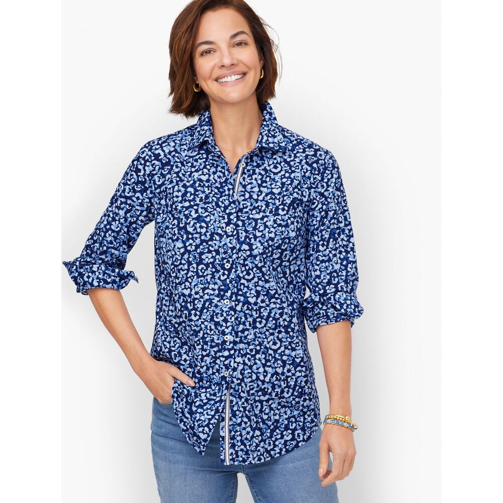 Talbots Abstract Blue Leopard Button Front Shirt